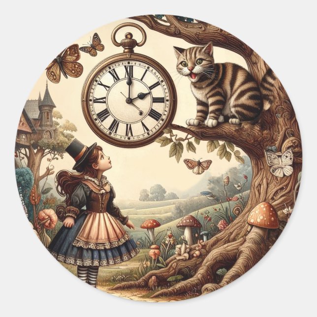 Pegatina Redonda Alice & Cheshire Cat: Whimsical Wonderland Fantasy (Anverso)