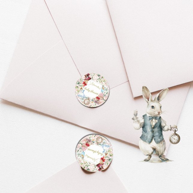Pegatina Redonda Alice In Wonderland Baby Shower Floral Pink (Subido por el creador)