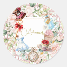 Pegatina Redonda Alice In Wonderland Watercolor Floral Rosa