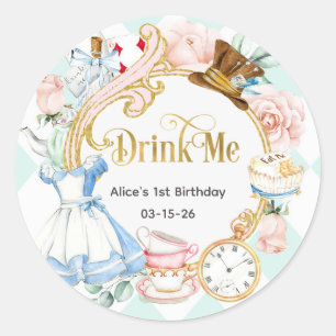 Pegatina Redonda Alice Omniéderland, Drink Me, chica 1er cumpleaños