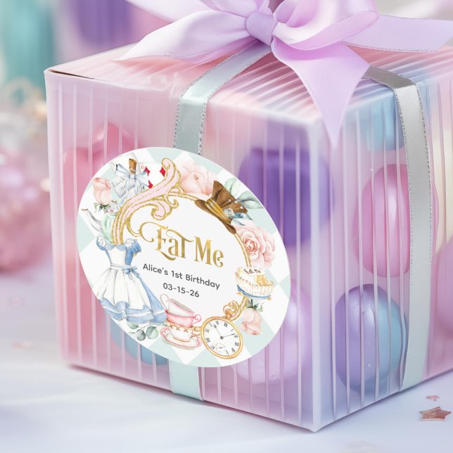 Pegatina Redonda Alice Onderland, Come, Cumpleaños (Teal, alice onederland, eat me , birthday favor sticker)