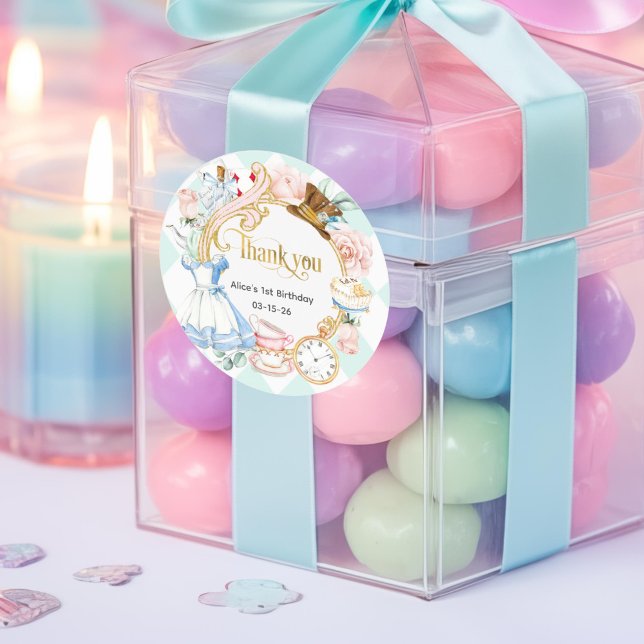 Pegatina Redonda Alice Onederland, Verde azulada, Gracias por tu cu (Teal, Alice Onederland thank you sticker)