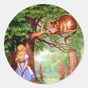 Pegatina Redonda Alice se encuentra con el gato de Cheshire en el p
