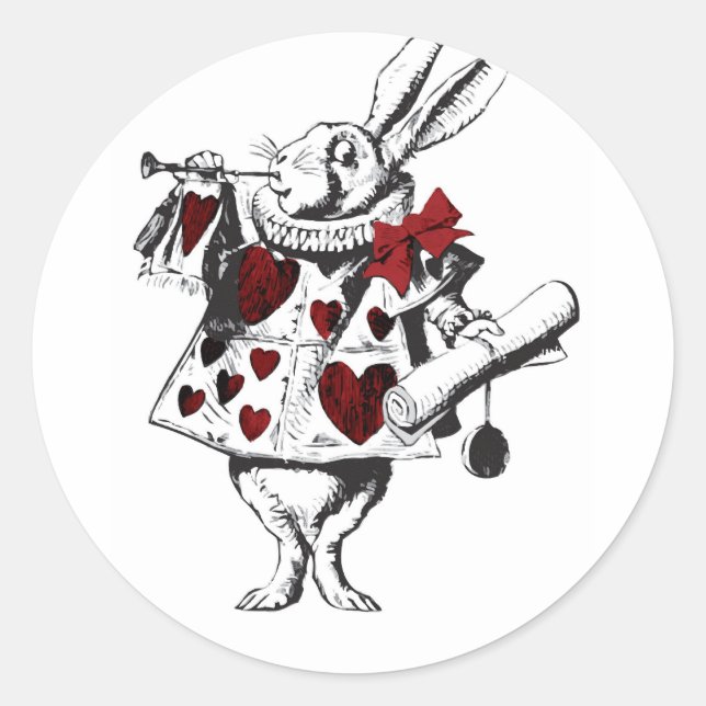 Pegatina Redonda Alice White Rabbit Red w Horn Red corazones (Anverso)