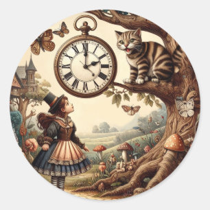 Pegatina Redonda Alice y el Gato de Cheshire: Fantasía Caprichosa d