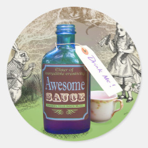 Pegatina Redonda Alicia con palo en la espantosa hoja de salsa del 