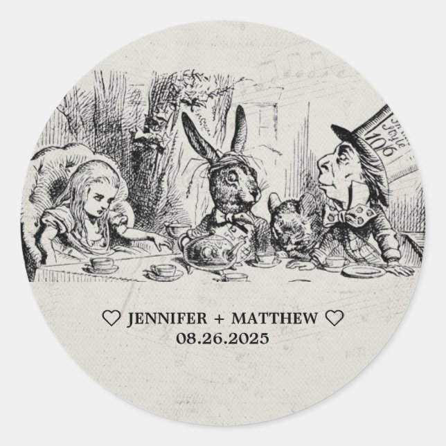 Pegatina Redonda Alicia en el Boda del país de las maravillas (Anverso)