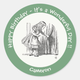 Pegatina Redonda Alicia en el cumpleaños de la tierra de las maravi