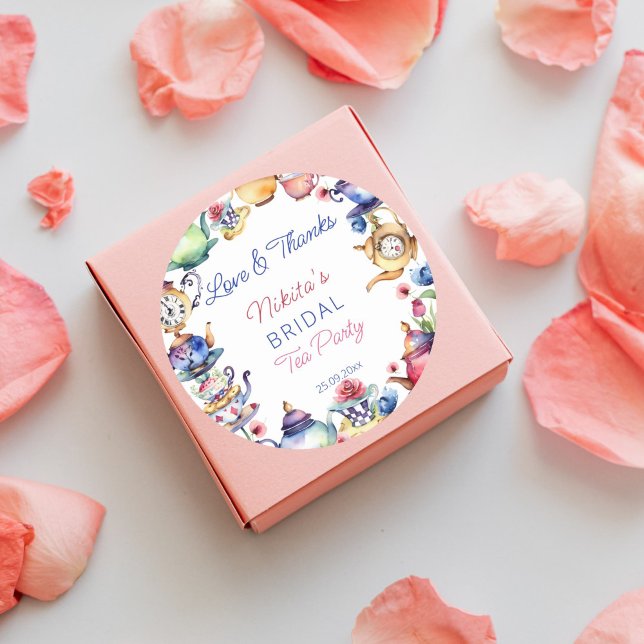Pegatina Redonda Alicia en el maravilloso país de la ducha de novia (Alice in wonderland bridal shower tea party favor gift thank you stickers whimsical watercolor)