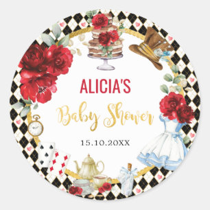 Pegatina Redonda Alicia en el té Baby Shower de Wonderland Mad Hatt