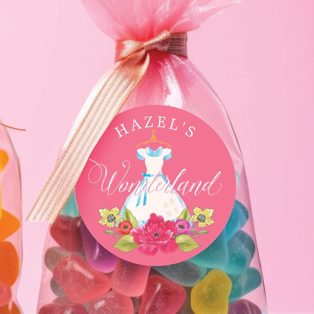 Pegatina Redonda Alicia en las Maravillas Florales y Vestido Azul C (Alice in Wonderland Florals & Blue Dress Birthday Classic Round Sticker)