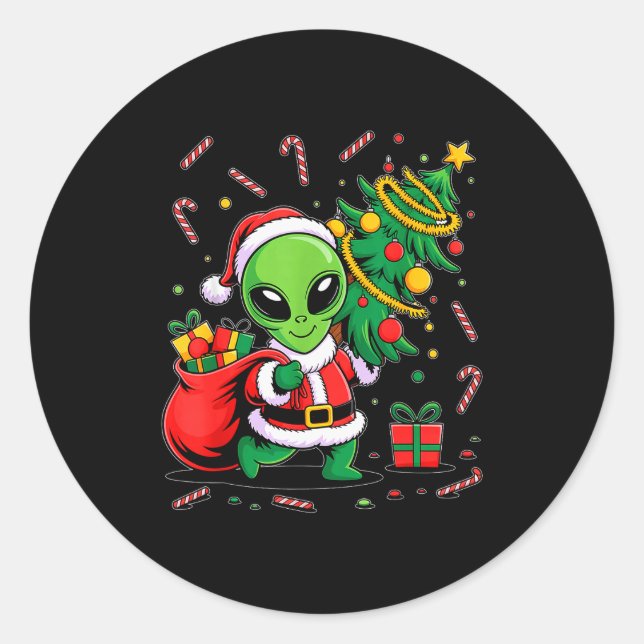 Pegatina Redonda Alien Christmas Tree Lights Xmas Funny Alien  (Anverso)