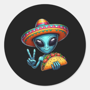Pegatina Redonda Alien Comating Taco Cinco De Mayo Sombrero Mexican