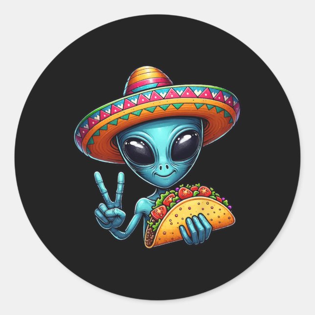 Pegatina Redonda Alien Comating Taco Cinco De Mayo Sombrero Mexican (Anverso)