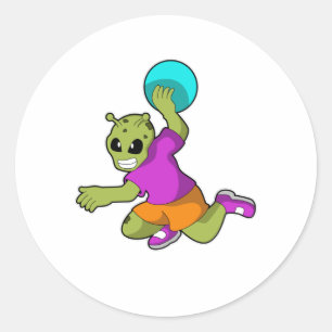 Pegatina Redonda Alien en jugador de balonmano con balonmano