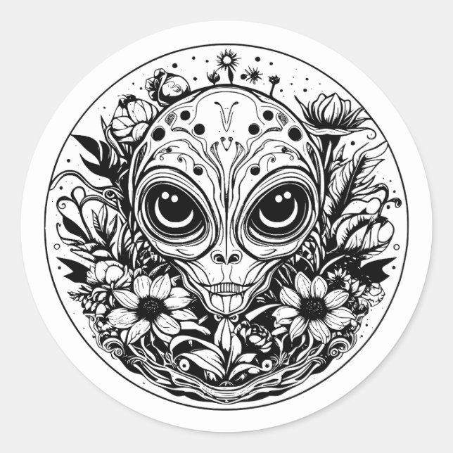 Pegatina Redonda Alien extraterrestre en flores negro y blanco (Anverso)