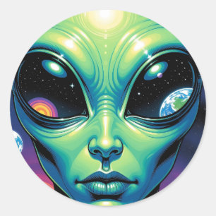 Pegatina Redonda Alien Face con planetas reflexiones en los ojos