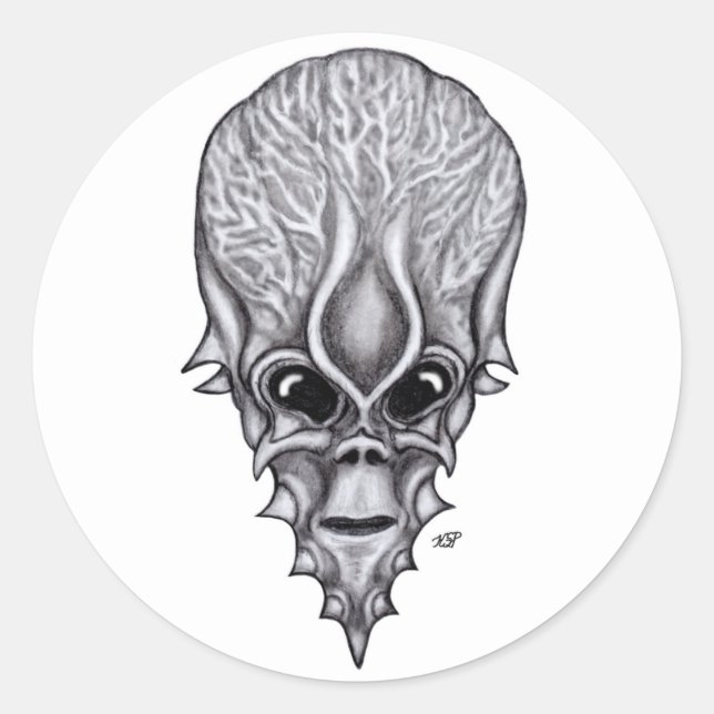 Pegatina Redonda Alien Face , reconstrucción facial de cráneo afric (Anverso)