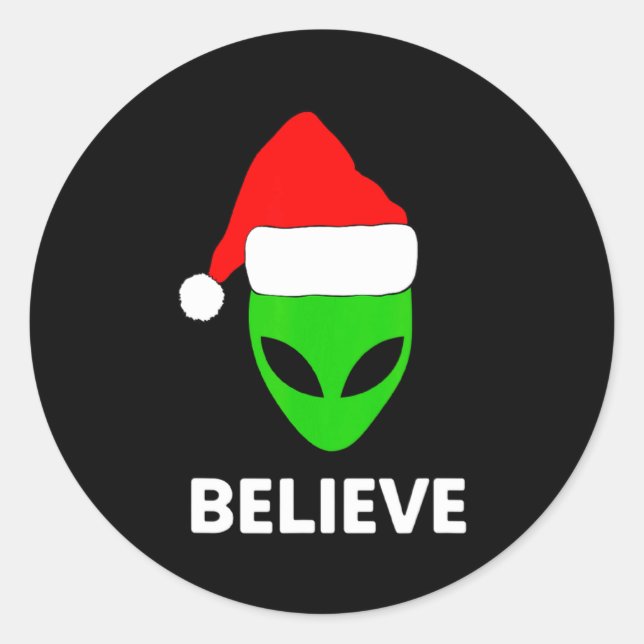 Pegatina Redonda Alien Green Face Christmas Santa Hat Believe  (Anverso)