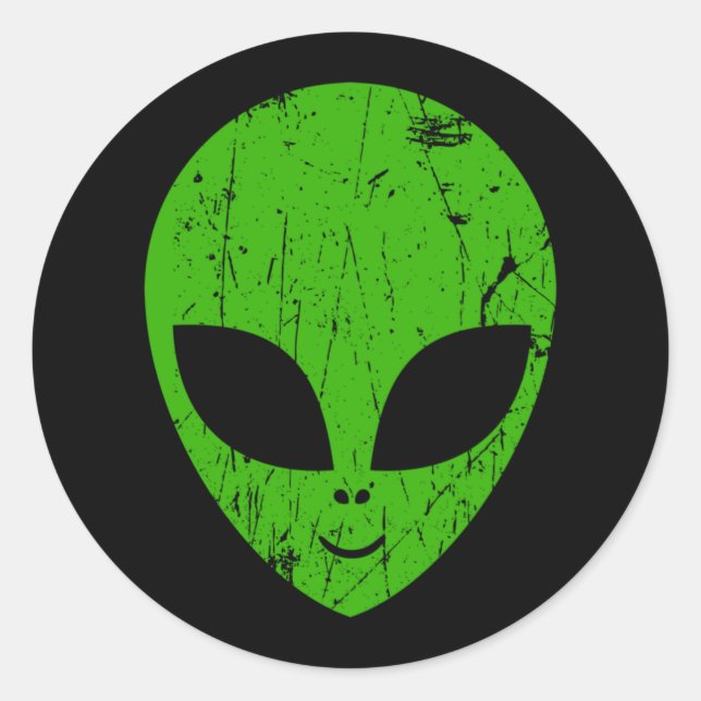 Pegatina Redonda alien green head ufo science fiction extraterrestr (Anverso)