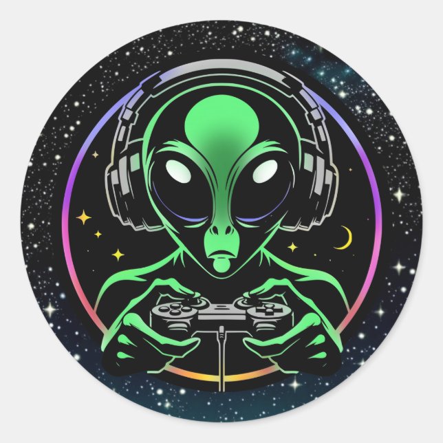 Pegatina Redonda Alien jugando videojuegos con fondo estelar (Anverso)