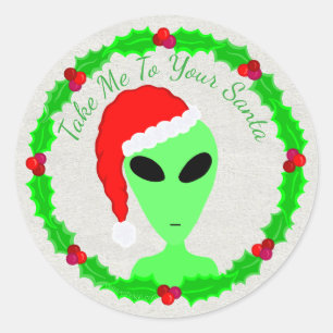 Pegatina Redonda Alien Santa Holly escribió al pequeño hombre verde
