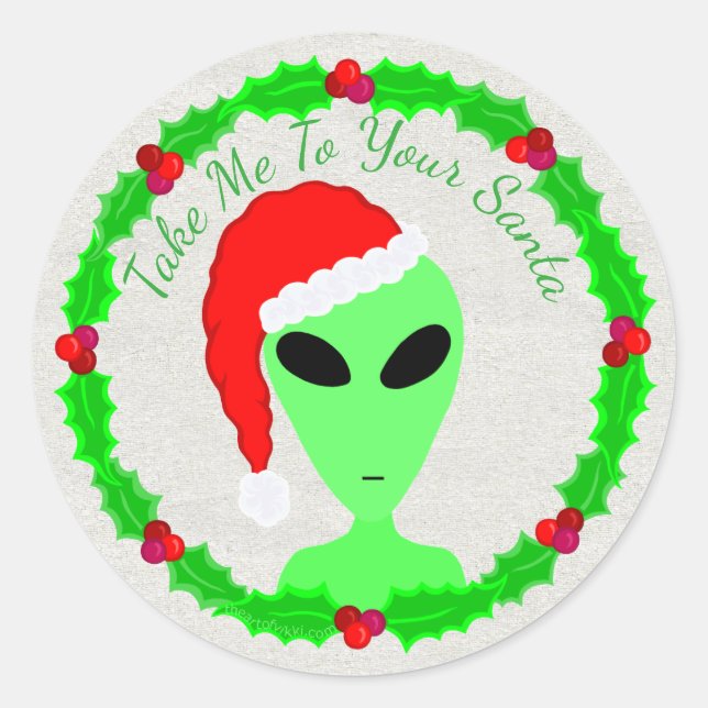 Pegatina Redonda Alien Santa Holly escribió al pequeño hombre verde (Anverso)