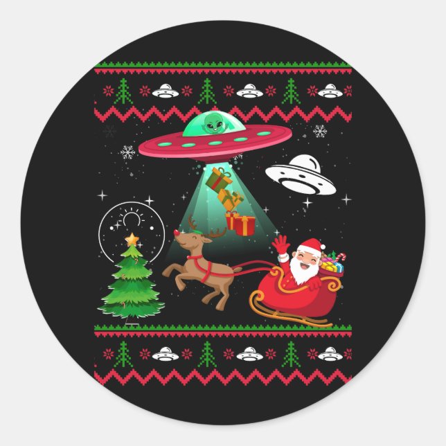 Pegatina Redonda Alien Santa UFO Abducción Navidades feos Sweater S (Anverso)