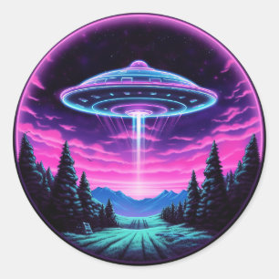 Pegatina Redonda Alien Spaceship Retro Futurista