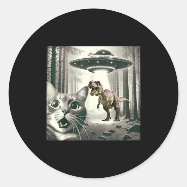 Pegatina Redonda Alien T UFO Selfie Dinosaur Rex Cat (Anverso)