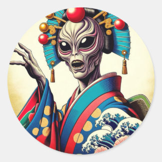 Pegatina Redonda Alien wearing a Japanese kimono　シール