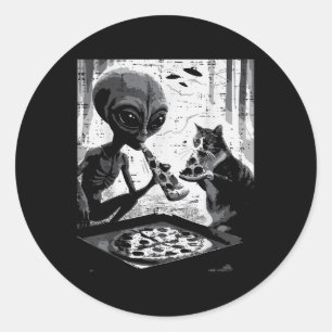 Pegatina Redonda Alienados Y Gatos Comer Pizza Graciosa Comida Para