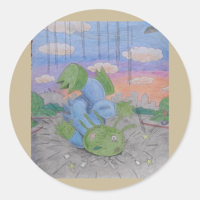 Pegatina Redonda Alienígena cayó del platillo volante de OVNI Roswe (Anverso)