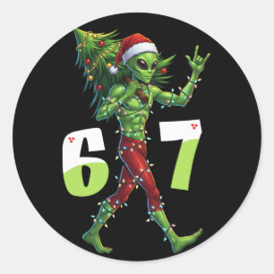 Pegatina Redonda Alienígena divertido de Navidad Seis Siete Meme 67
