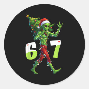 Pegatina Redonda Alienígena divertido de Navidad Seis Siete Meme 67