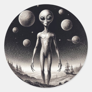 Pegatina Redonda Alienígena espacial en el Ilustracion de ciencia f