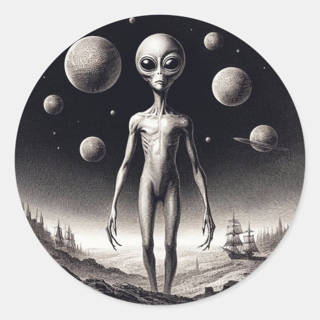 Pegatina Redonda Alienígena espacial en el Ilustracion de ciencia f (Anverso)