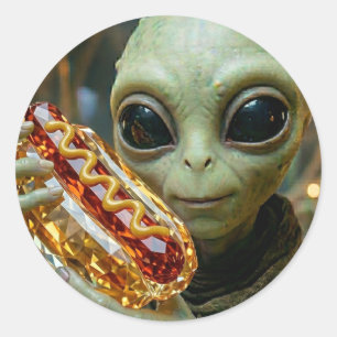 Pegatina Redonda Alienígena Extraterrestre con Hotdog Cristalino
