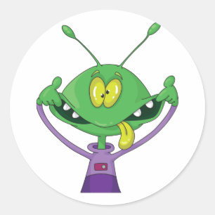 Pegatina Redonda Alienígena Verde Divertido Haciendo Cara Tonta