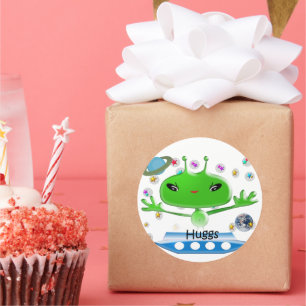 Pegatina Redonda Alienígenas del espacio ultraterrestre verde lindo