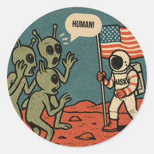 Pegatina Redonda Alienígenas graciosos y astronautas en el espacio