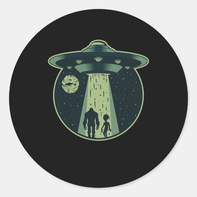 Pegatina Redonda Alientes para el secuestro de OVNI de Alien Sasqua (Anverso)