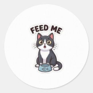Pegatina Redonda ¡Aliméntame! Gato Hambriento Sticker Adorable