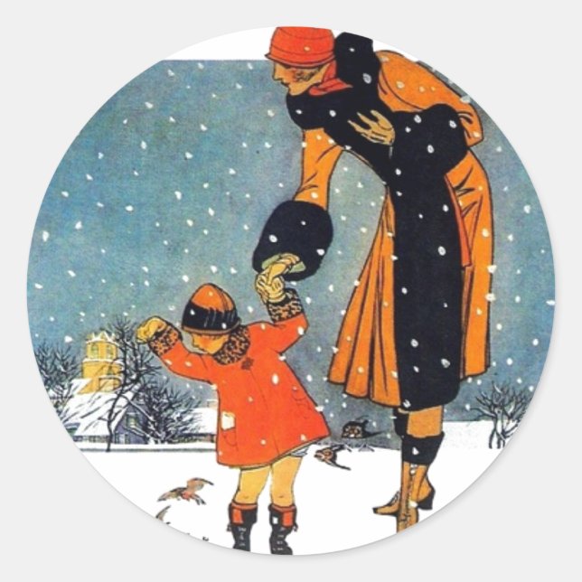 Pegatina Redonda Alimentar a las aves en la nieve (Anverso)