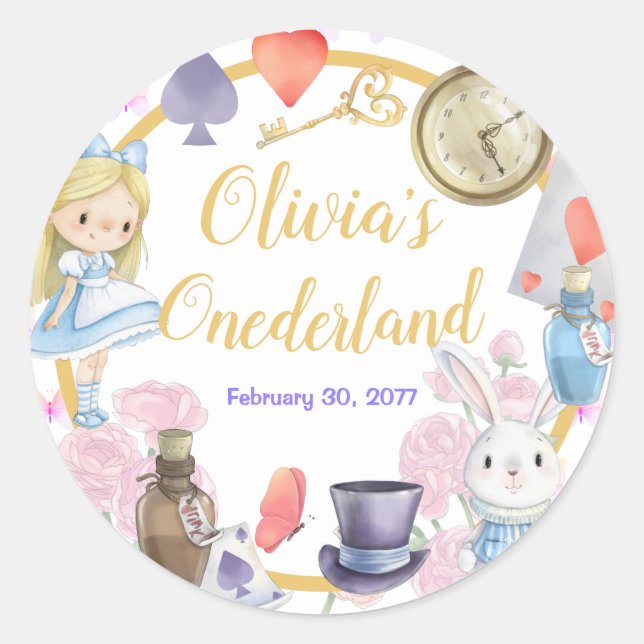 Pegatina Redonda Alisa en Onederland (Anverso)