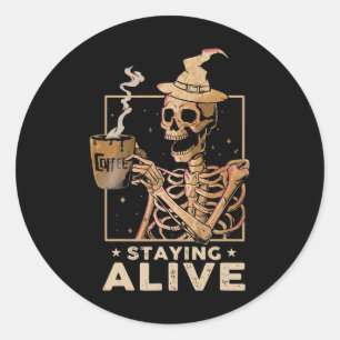 Pegatina Redonda Alive Funny Skeleton Beber café Feliz