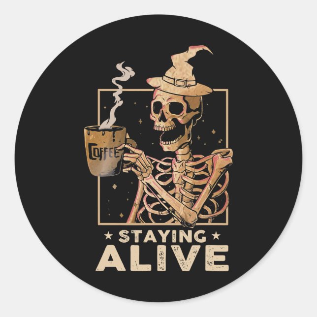 Pegatina Redonda Alive Funny Skeleton Beber café Feliz (Anverso)