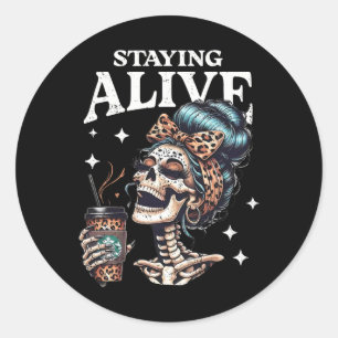 Pegatina Redonda Alive Skeleton Halloween Leopard Messy Bun Women