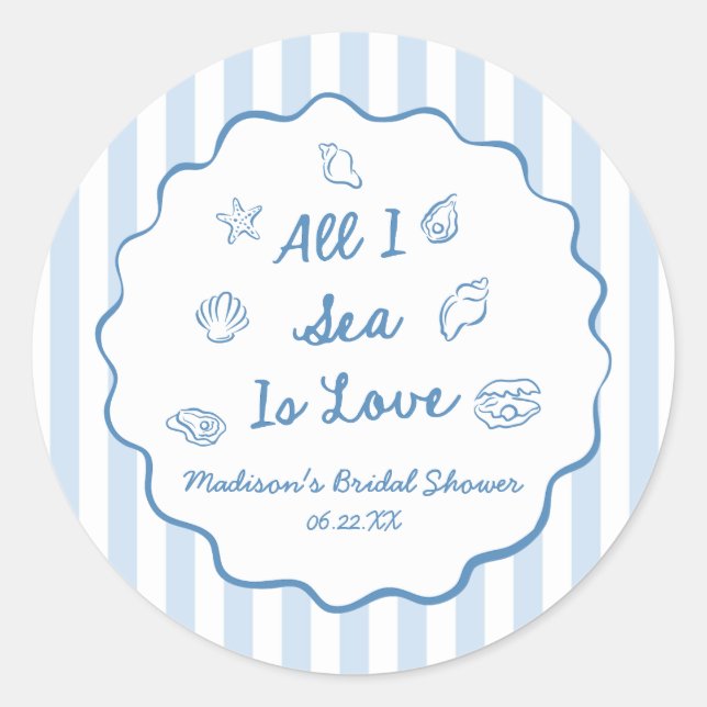 Pegatina Redonda All I Sea Is Love Seashell Coastal Bridal Shower (Anverso)