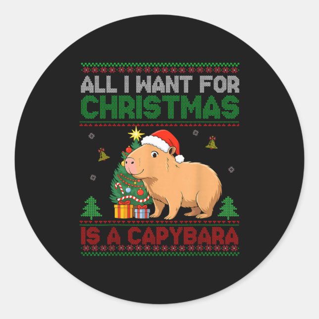 Pegatina Redonda All I Want For Christmas Is A Capybara Ugly Sweate (Anverso)